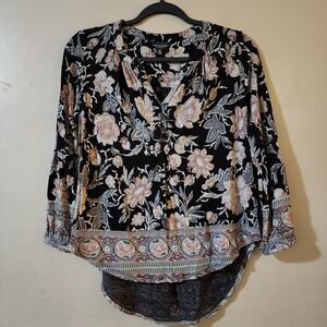 Lucky Brand Womens Popover Top Size S V-Neck 1/4 Button 3/4 Sleeve High-Low